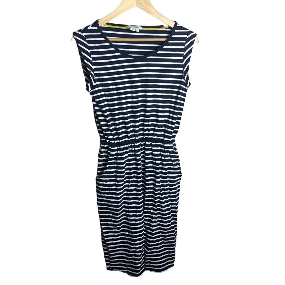 Boden Emily Dress 6L  Jersey Knit Navy Blue White Stripe Shift Pockets  Cotton